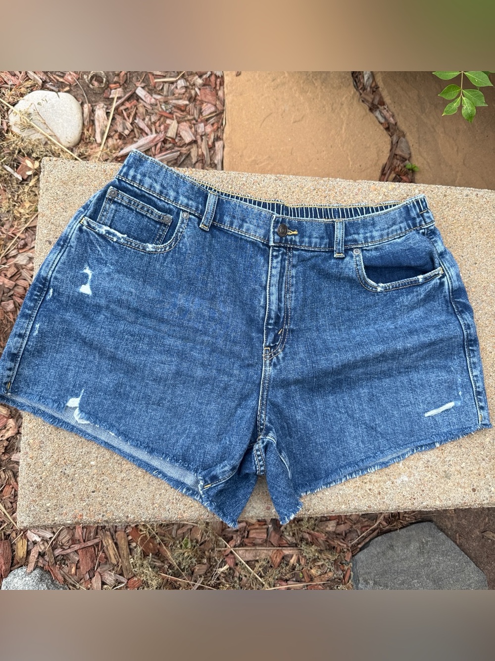 aerie Ladies L Relaxed Fit Distressed Blue Denim Cutoff Shorts - Women